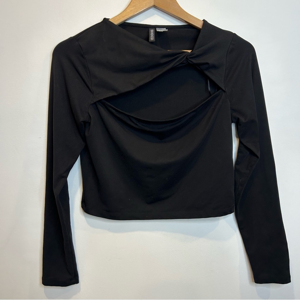 H&M TWIST-DETAIL CROP LONG SLEEVE STRETCH TOP BLACK - Picture 6 of 10